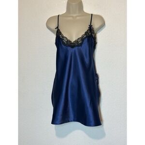 Dreamgirl Blue Shiny Satin Black Lace Tie Sides Nightie Lingerie Medium
